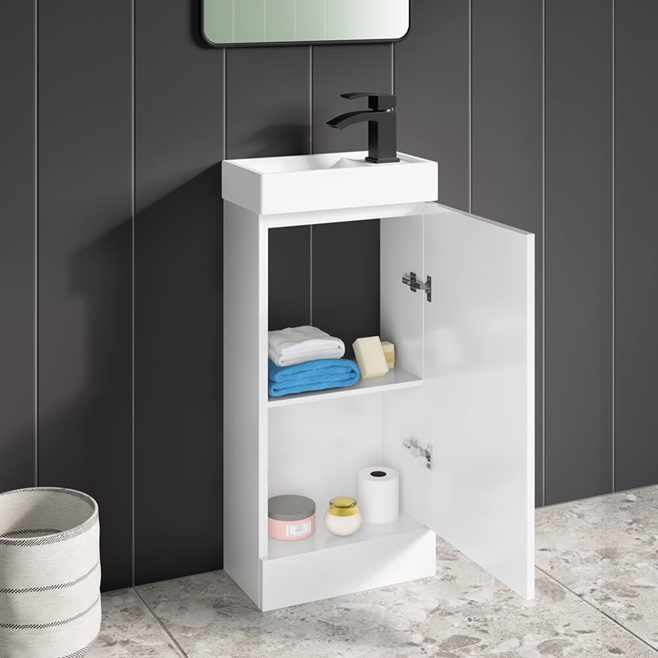 Maisie Compact 400mm Mini Cloakroom Floorstanding Vanity Unit with Black Handle & Basin - Gloss White