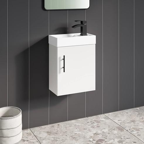 Maisie Compact 400mm Mini Cloakroom Wall Hung Vanity Unit with Black Handle & Basin - Gloss White