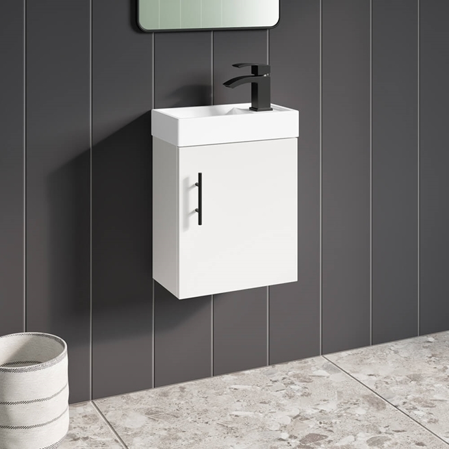 Drench Maisie Compact 400mm Mini Cloakroom Wall Hung Vanity Unit with Black Handle & Basin - Gloss White