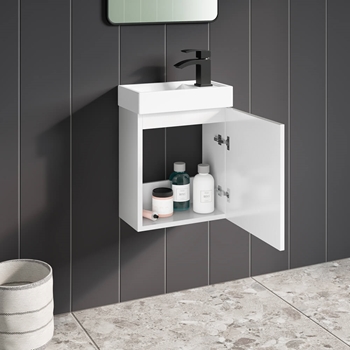 Maisie Compact 400mm Mini Cloakroom Wall Hung Vanity Unit with Black Handle & Basin - Gloss White