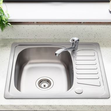 Leisure Compact Square 1 Bowl Satin Stainless Steel Sink with Reversible Drainer  580 x 480mm