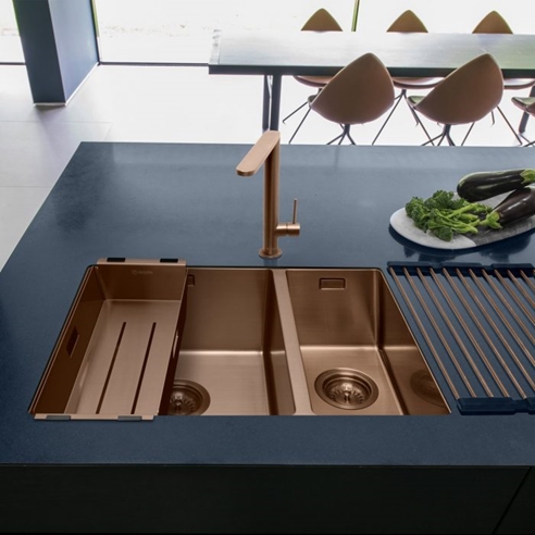 Caple Mode 1.5 Bowl Inset or Undermount Copper Stainless Steel Sink & Waste Kit with Right Hand Small Bowl - 555 x 440mm