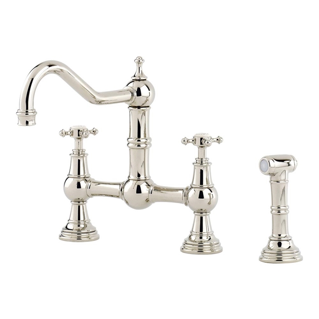 Perrin & Rowe Provence Bridge Sink Mixer with Crosshead Handles & Pull-Out Hand Rinse