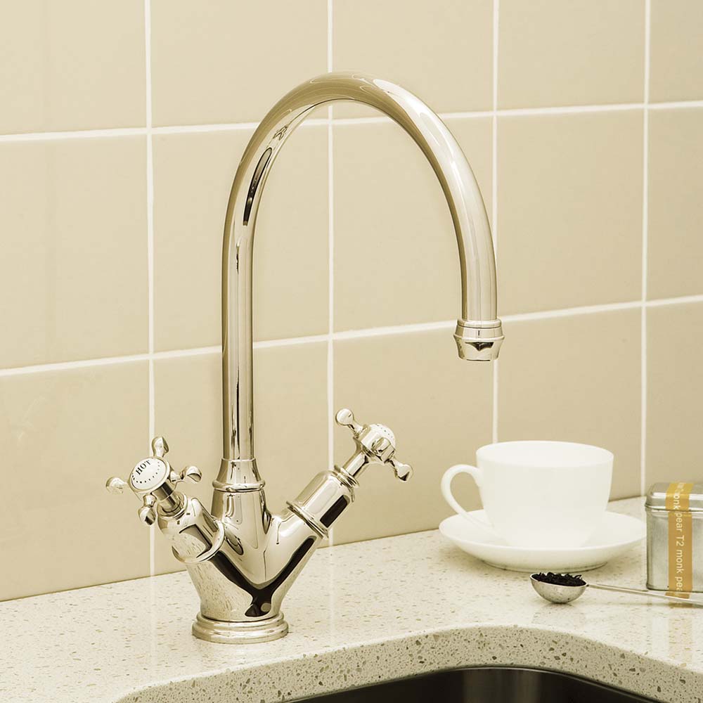 Perrin and Rowe Double Handle Minoan Kitchen Faucet with Side Spray Rinse  Finish: Polished Chrome