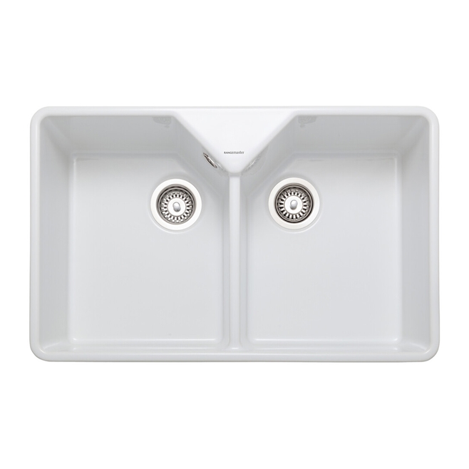 Rangemaster Double Bowl Belfast White Fireclay Ceramic Kitchen Sink & Waste Kit with Overflow - 795 x 491mm