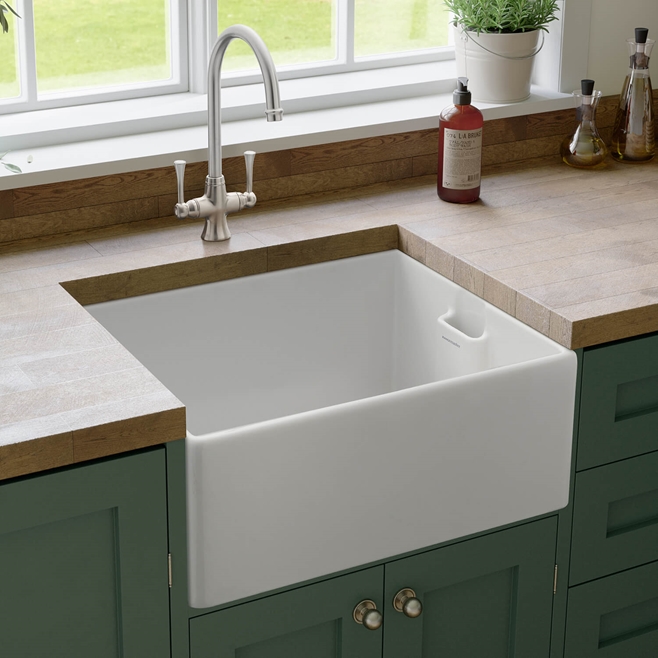 Rangemaster Grange Belfast 1 Bowl Gloss White Fireclay Ceramic Kitchen Sink & Waste - 595 x 455mm