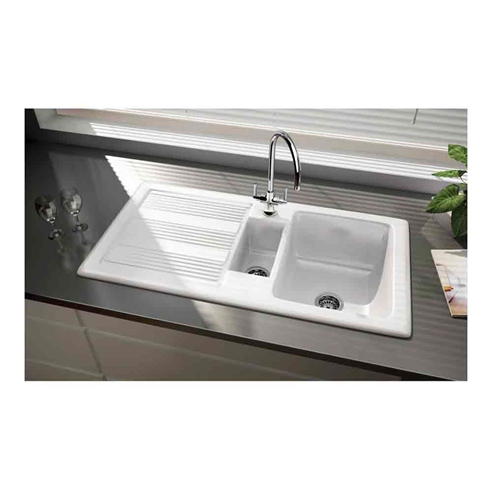 Rangemaster Portland 1.5 Bowl White Fire Clay Ceramic Sink with Reversible Drainer - 1010 x 510mm