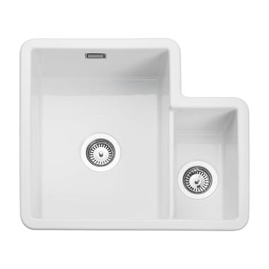 Rangemaster Rustique 1.5 Bowl White Ceramic Undermount Kitchen Sink & Waste Kit with Left Hand Main Bowl - 595 x 520mm