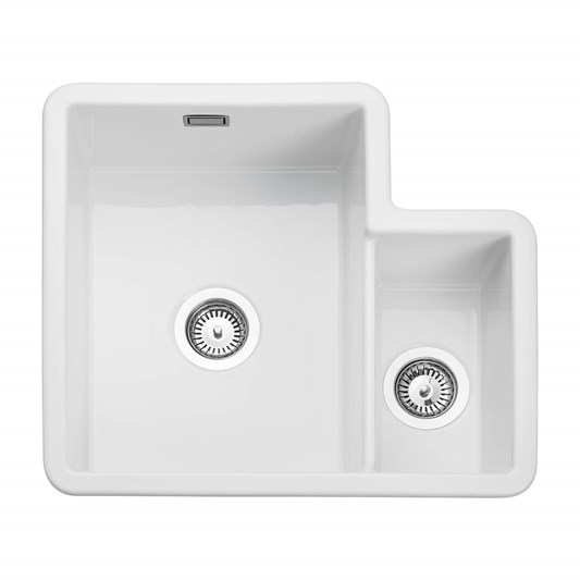 Rangemaster Rustique 1.3 Bowl White Ceramic Undermount Kitchen Sink & Waste Kit with Left Hand Main Bowl - 600 x 520mm
