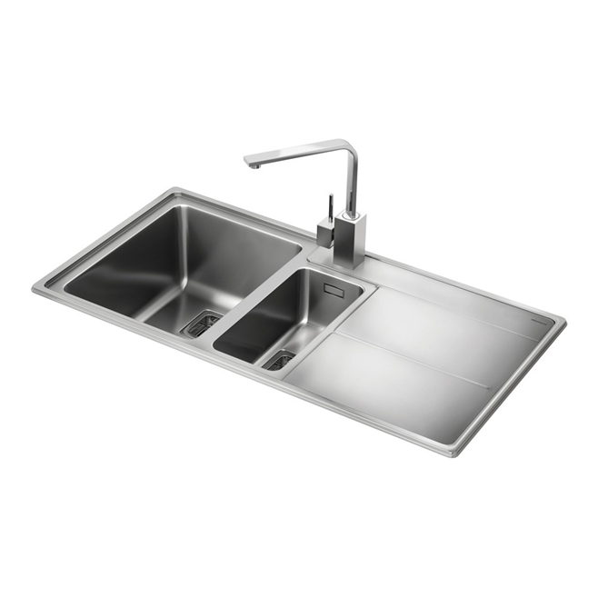 Rangemaster Arlington 1.5 Bowl Brushed Stainless Steel Sink & Waste Kit with Right Hand Drainer - 985 x 508mm