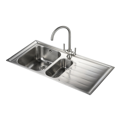 Rangemaster Manhattan 1.5 Bowl Brushed Stainless Steel Sink & Waste Kit with Right Hand Drainer - 1010 x 515mm