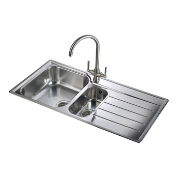 Rangemaster Oakland 1.5 Bowl Brushed Stainless Steel Sink & Waste Kit with Right Hand Drainer - 985 x 508mm