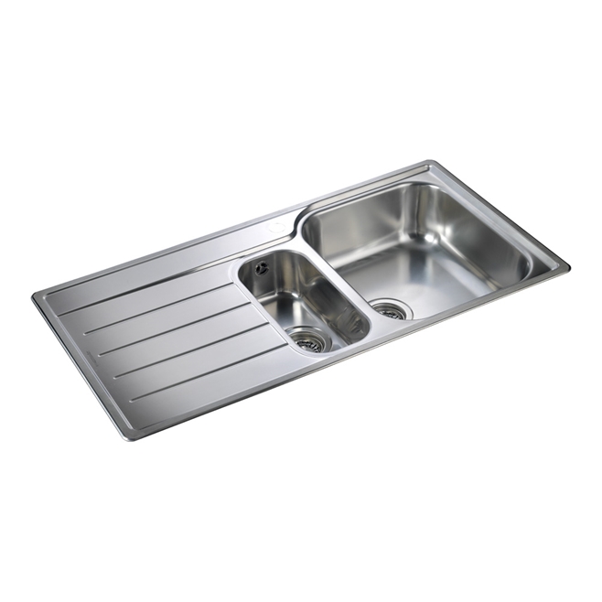 Rangemaster Oakland 1.5 Bowl Brushed Stainless Steel Sink & Waste Kit with Left Hand Drainer - 985 x 508mm