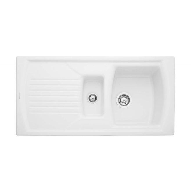 Rangemaster Tenby 1.5 Bowl Gloss White Fireclay Ceramic Kitchen Sink & Waste with Reversible Drainer - 995 x 497mm