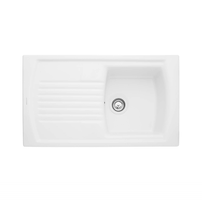 Rangemaster Tenby Compact 1 Bowl Gloss White Fireclay Ceramic Kitchen Sink & Waste with Reversible Drainer - 850 x 500mm