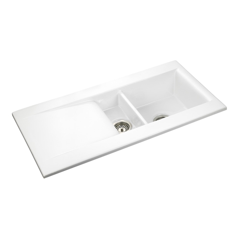 Rangemaster Nevada 1.5 Bowl White Fire Clay Ceramic Sink with Reversible Drainer - 1010 x 510mm