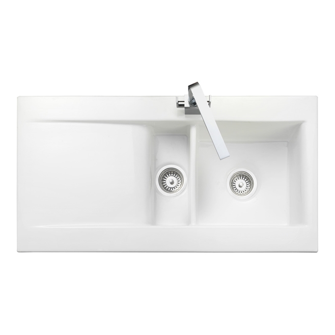 Rangemaster Nevada 1.5 Bowl White Fire Clay Ceramic Sink with Reversible Drainer - 1010 x 510mm