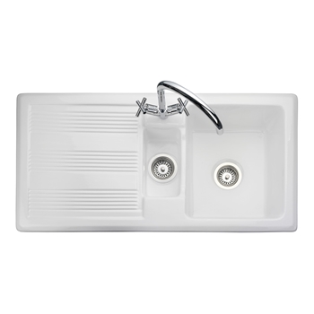 Rangemaster Portland 1.5 Bowl White Fire Clay Ceramic Sink with Reversible Drainer - 1010 x 510mm