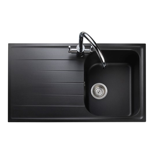 Rangemaster Amethyst Ash Black Igneous Granite Compact Single Bowl sink with Reversible Drainer & Waste Kit - 860 x 500mm