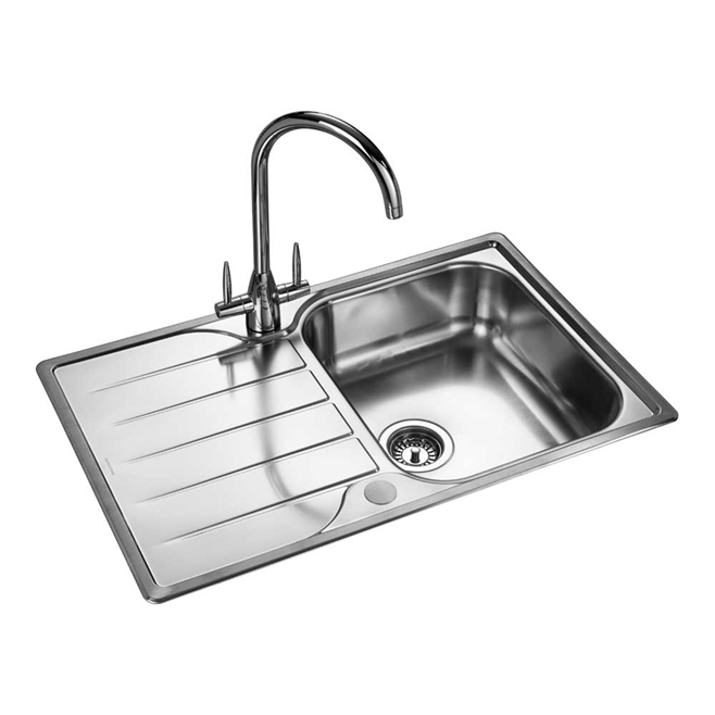 Rangemaster Michigan Compact Single Bowl Brushed Stainless Steel sink & Waste Kit with Reversible Drainer - 800 x 508mm