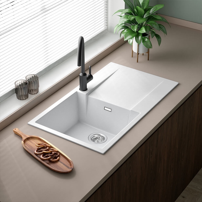 Reginox Amsterdam Compact Single Bowl White Granite Composite Kitchen sink & Waste Kit with Reversible Drainer - 860 x 500mm