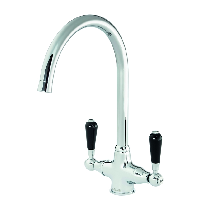 Reginox Brooklyn WRAS Approved Twin Lever Traditional Mono Kitchen Mixer Tap - Chrome with Black Ceramic Handles