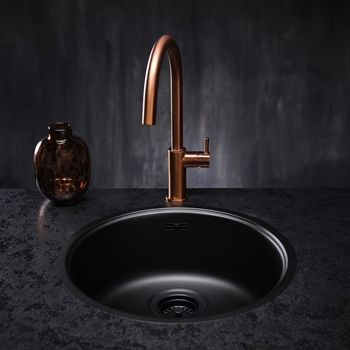Reginox Comfort Round Bowl Inset or Undermount Jet Black Stainless Steel Kitchen Sink & Waste - 440 x 440mm