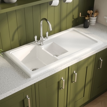 Reginox Contemporary 1.5 Bowl White Ceramic Kitchen Sink & Waste Kit with Reversible Drainer - 1010 x 525mm