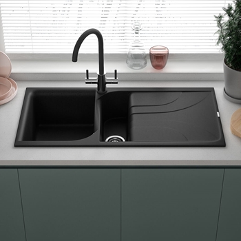 Reginox Ego Ghisa Black Granite 1.5 Bowl Kitchen Sink & Vellamo Savu Mono Pull Out Kitchen Mixer