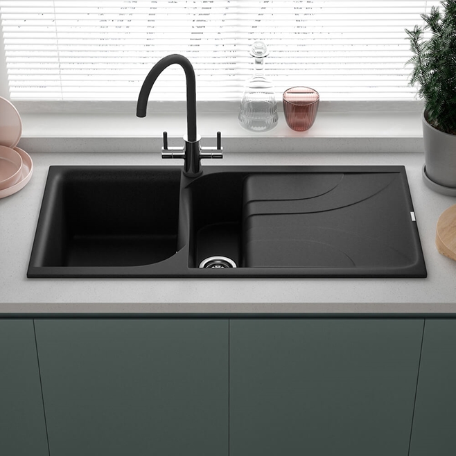 Reginox Ego 1.5 Bowl Ghisa Black Granite Composite Kitchen Sink with Reversible Drainer & Waste Kit - 1000 x 500mm