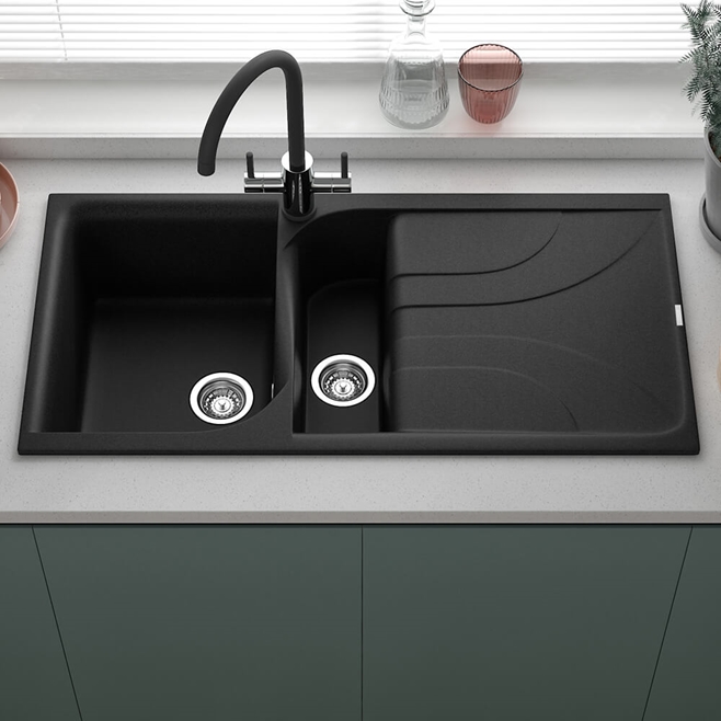 Reginox Ego Ghisa Black Granite 1.5 Bowl Kitchen Sink & Vellamo Caspian Dual Lever Mono Kitchen Mixer