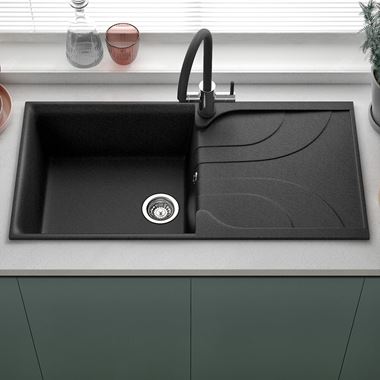 Reginox Ego Ghisa Black Granite Composite Large Single Bowl Kitchen Sink with Reversible Drainer & Waste Kit - 1000 x 500mm
