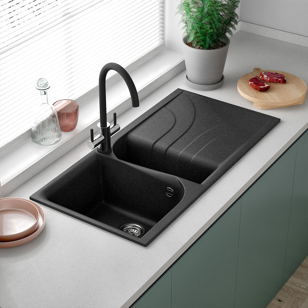 Reginox Ego 15 Bowl Ghisa Black Granite Composite Kitchen Sink With Reversible Drainer Waste Kit 1000 X 500mm Tap Warehouse