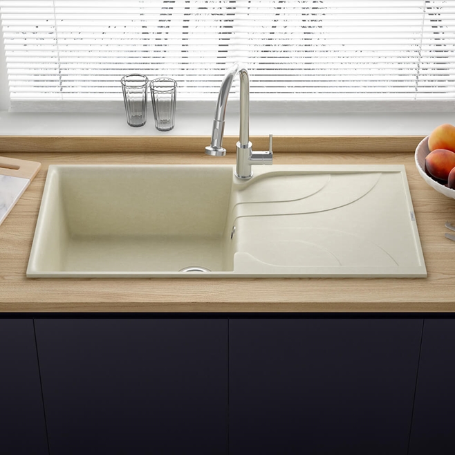 Reginox Ego Cream Granite Composite Large Single Bowl Kitchen Sink with Reversible Drainer & Waste Kit - 1000 x 500mm