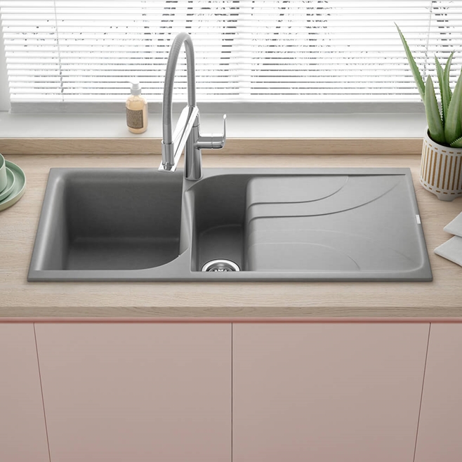 Reginox Ego Titanium Grey Granite Composite 1.5 Bowl Kitchen Sink & Vellamo Caspian Mono Mixer Tap
