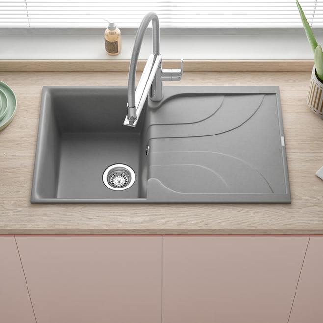 Reginox Ego Titanium Grey Granite Compact Single Bowl Kitchen sink with Reversible Drainer & Waste Kit - 860 x 500mm