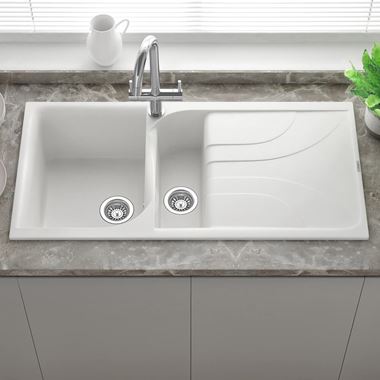 Reginox Ego White Granite Composite 1.5 Bowl  Kitchen Sink with Reversible Drainer & Waste Kit - 1000 x 500mm