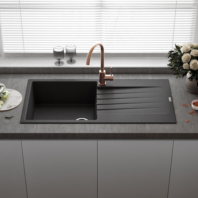 Reginox Harlem 1 Bowl Black Silvery Granite Composite Sink & Waste Kit and Vellamo Koro Black Mono Kitchen Mixer