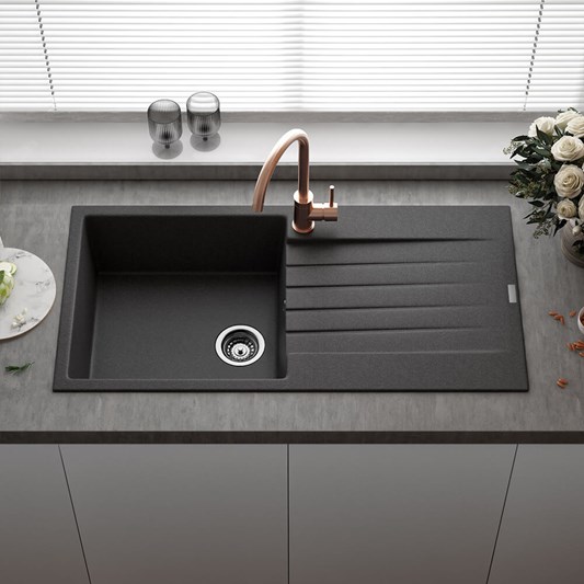 Reginox Harlem 1 Bowl Black Silvery Granite Composite Kitchen Sink & Waste Kit - 1000 x 500mm