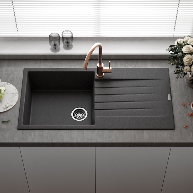 Reginox Harlem 1 Bowl Black Silvery Granite Composite Sink & Waste Kit and Harbour Single Lever Mono Kitchen Mixer - Chrome
