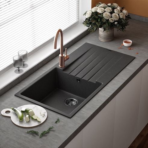Reginox Harlem 1 Bowl Black Silvery Granite Composite Sink & Waste Kit and Vellamo Savu Pull Out Mono Kitchen Mixer
