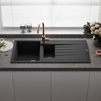 Reginox Harlem 1.5 Bowl Black Silvery Granite Composite Sink & Waste Kit and Vellamo Koro Black Mono Kitchen Mixer