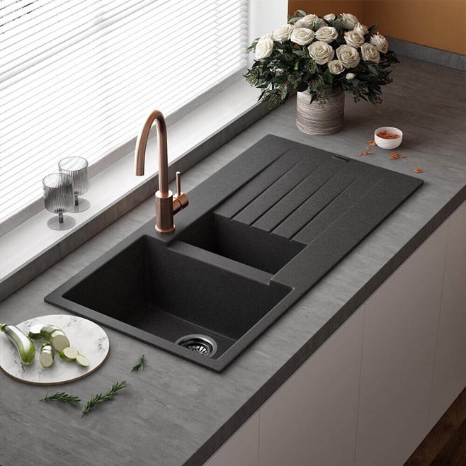 Reginox Harlem 1.5 Bowl Black Silvery Granite Composite Sink & Waste Kit and Vellamo Koro Black Mono Kitchen Mixer