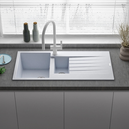 Reginox Harlem 1.5 Bowl White Granite Composite Sink & Waste Kit and Vellamo Savu Pull Out Mono Kitchen Mixer