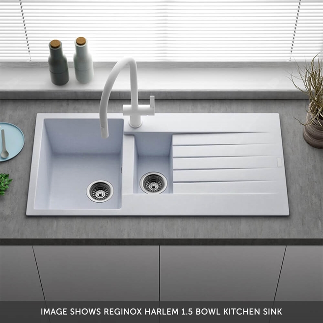 Reginox Harlem 1.5 Bowl White Granite Composite Sink & Waste Kit and Harbour Chrome Single Lever Mono Kitchen Mixer