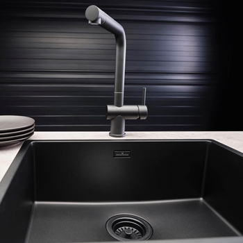 Reginox New York Large 1 Bowl Undermount or Inset Jet Black Stainless Steel Kitchen Sink and Integrated Waste - 540 x 440mm