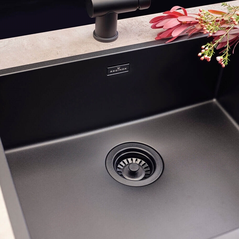 Reginox New York Large 1 Bowl Undermount or Inset Jet Black Stainless Steel Kitchen Sink and Integrated Waste - 440 x 440mm