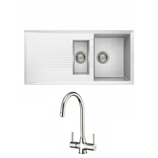 Reginox Tekno 475 1.5 Bowl White Granite Composite Kitchen Sink & Waste Kit and Reginox Thames Chrome Kitchen Sink Mixer Tap
