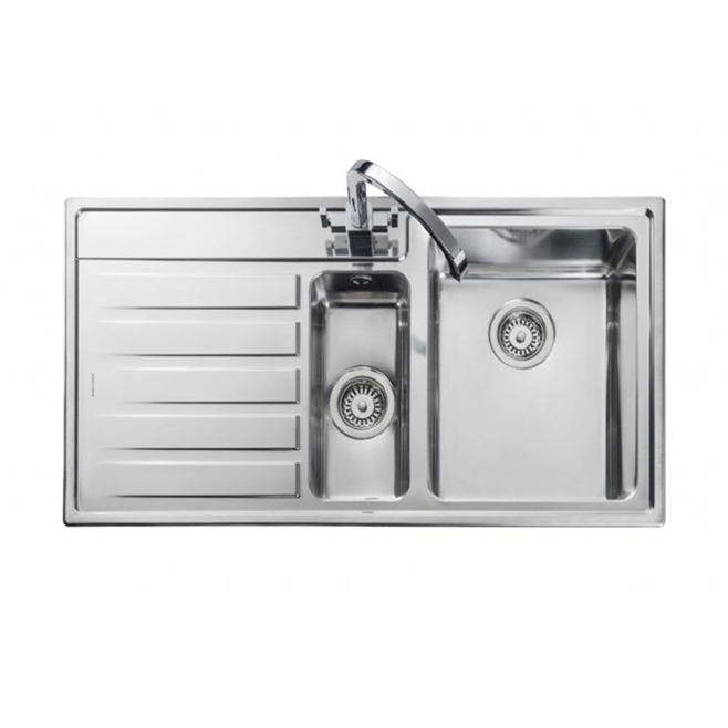 Rangemaster Rockford 1.5 Bowl Brushed Stainless Steel Sink & Waste with Left Hand Drainer - 985 x 508mm