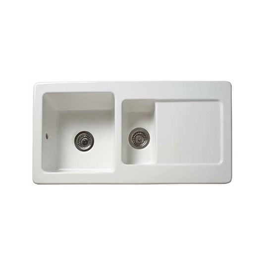 Reginox Contemporary 1.5 Bowl White Ceramic Kichen Sink & Waste Kit with Reversible Drainer - 1000 x 500mm